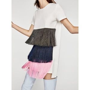 Zara White Grey Blue Pink Fringe Short Casual Dres